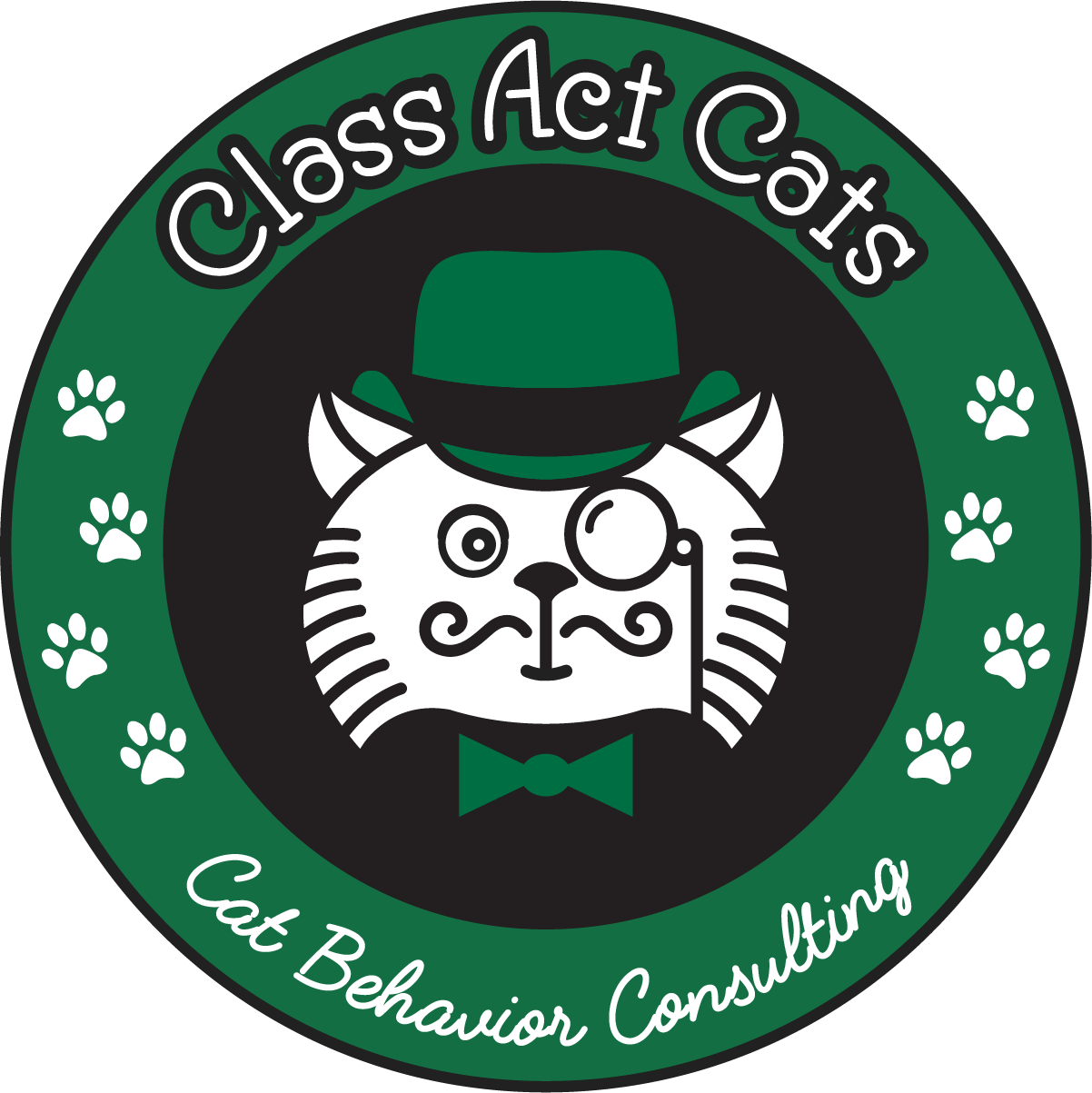 Class act cats logo. A green circle with "Class Act Cats Cat Behavior Consulting" surrounds a cat in a top hat